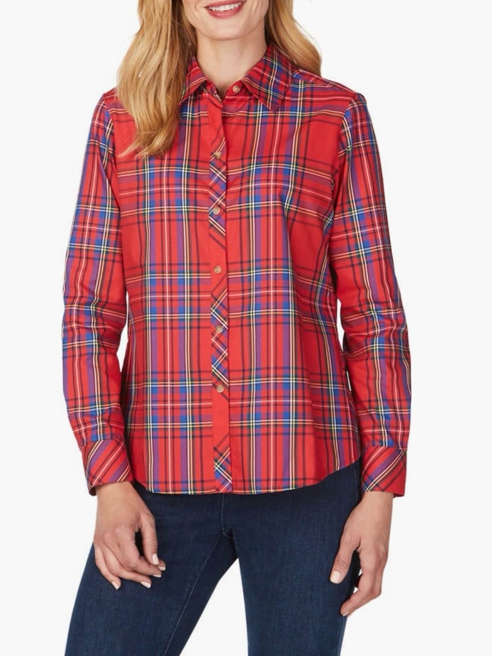 Foxcroft Red and Blue Plaid wrinkle free Button-Front Shirt